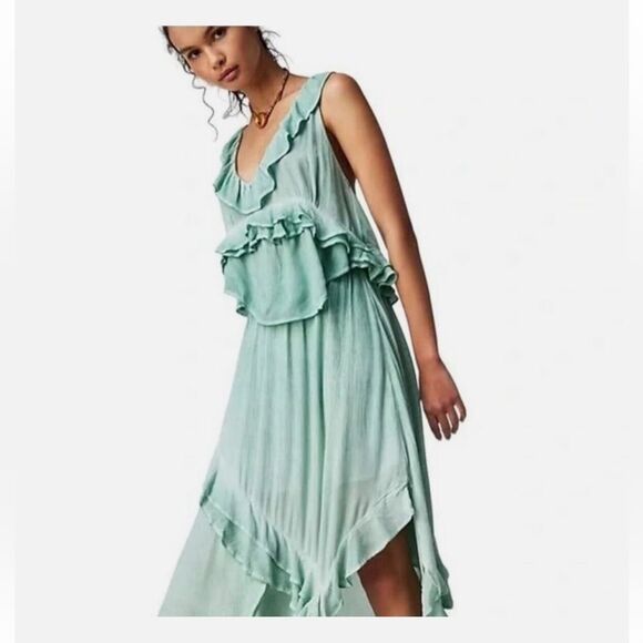 Free People If Only Skirt Set Harbor Mint Rayon Gauze Asymetrical Ruffle Medium - Picture 2 of 6